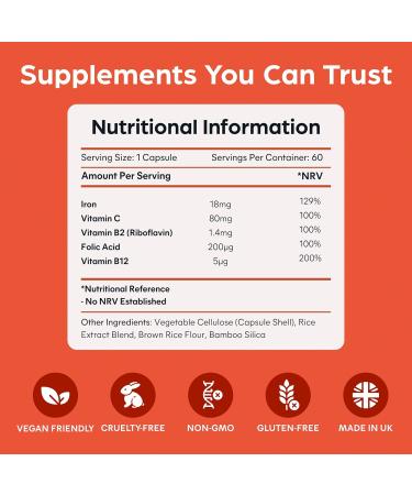 Iron Complex Supplement - 60 Vegan Capsules - Gentle Iron Bisglycinate - for Men and Women - with Vitamin C Folic Acid B2 and B12 - Made in The UK by Purolabs - Buy Online on GoSupps.com