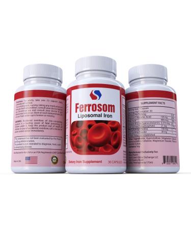 Liposomal Iron Supplements by Siba Pharm | Ferrosom Dietry Iron Vitamins Supplement | Rich in Vitamin C B12 Folic Acid| Non GMO Vegan Premium Quality| Helps New Blood Cell Production | 30 Capsules