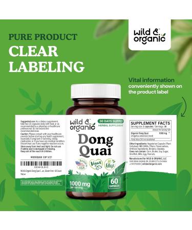 Wild & Organic Dong Quai Capsules 1000 mg - Menopause Supplements for Women - Dong Quai Root Supplement - 30-Day Supply - Traditional Angelica Sinensis Herb - Non-GMO Vegan - 60 Count 60 Count (Pack of 1) - Buy Online on GoSupps.com
