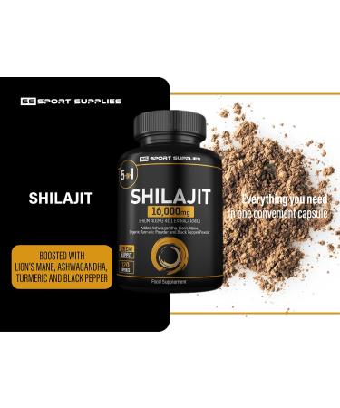 Shilajit Capsules 16 000mg - 60% Fulvic Acid (from 400mg 40:1 Extract Ratio) - Added Ashwagandha Turmeric Lions Mane and Black Pepper - High Strength Himilayan Shalajit Resin - 120 Capsules - Buy Online on GoSupps.com