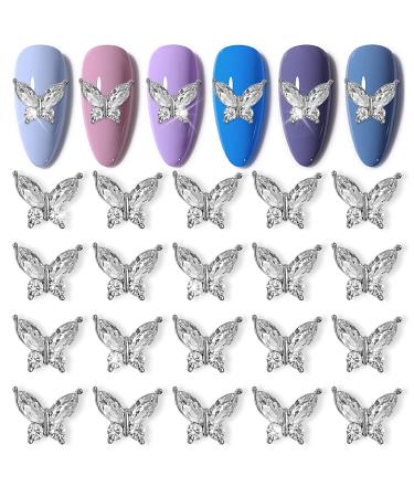 WOKOTO 20pcs 3D Butterfly Nail Charms for Acrylic Nails Clear Crystal Butterfly Charms for Women Nails Art Decorations Rhinestones for Nails with Silver Base Alloy Charms Butterfly Nail Gems Jewels KIT2