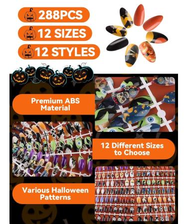 288PCS Halloween Fake Nails - Lorvain Stiletto Press On Nails with Skull Bat & Pumpkin Designs | Glossy Full Cover Nail Art for Women & Girls - Buy Online on GoSupps.com