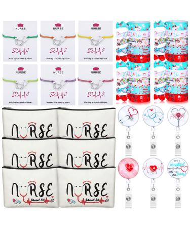 38 Pcs Nurse Appreciation Gift Set  Include 6 Nurse Cotton Makeup Bag Cosmetic Pouch 6 Retractable Nurse Badge Holder Reel with Clip 5 Nursing Hair Elastic Ponytail Holder 6 Bracelet (Elegant Style)