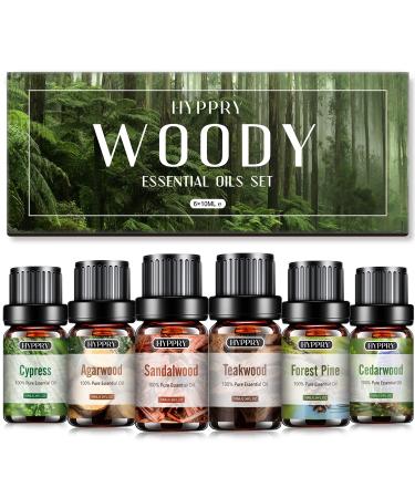 Hyppry Woody Essential Oils Set 6x10 ml 100% Natural Premium Aromatherapy Fragrance Oils for Diffuser Humidifier Home Fragrance - Sandalwood Cedarwood Cypress Pine Teakwood Agarwood Woody Scent