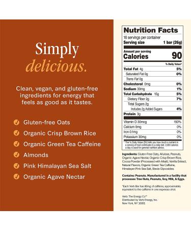 Verb Energy Chocolate Peanut Butter Cup Caffeinated Snack Bars - 90-Calorie 2g Sugar - Keto Friendly & Vegan - Pack of 16 - Buy Online on GoSupps.com