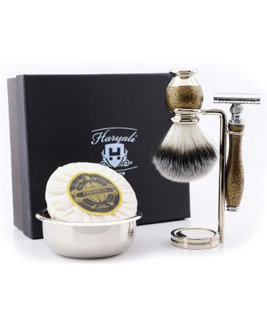 Classic 5-piece shaving set for men-golden antique look with de-razor plane with a synthetic roof hair was made of stainless steel bowl and soap