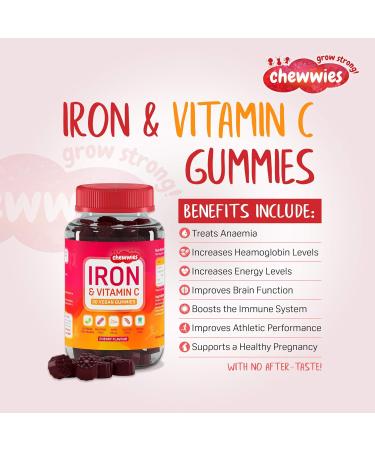 Iron & Vitamin C Vegan Chewable Gummies - Sugar Free Ferrous Sulfate Iron | Immune System Support | 1-Month Supply - Buy Online on GoSupps.com