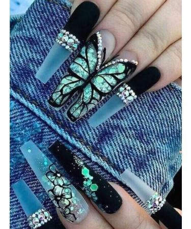 verysparkling 24pcs Green Butterfly Coffin Fake Nail Pink Green Butterfly Glitter Press on Nails Glitter Rhinestones Coffin Nails Luxurious Nails Acrylic Nails Fake Nails For Women Girls