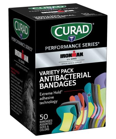 Curad Performance Series Ironman Antibacterial Bandages, Extreme Hold Adhesive Technology, Assorted Variety Pack Includes Standard, XL, Finger & Knuckle Fabric Bandages, 50 Count