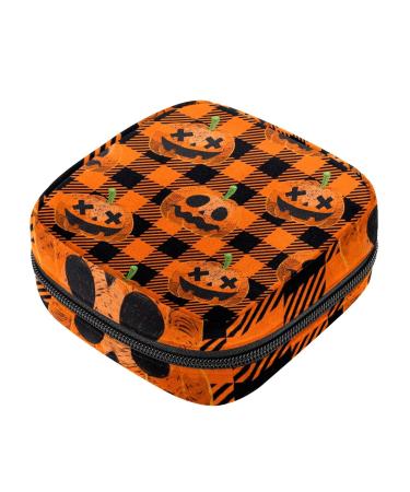 Halloween Pumpkin Plaid Sanitary Napkin Storage Bag Feminine Product Pouches Portable Period Kit Bag Menstruation First Period Bag for Women Teen Girls Ladies Menstrual Cup Pouch Tampon Bags Color 2