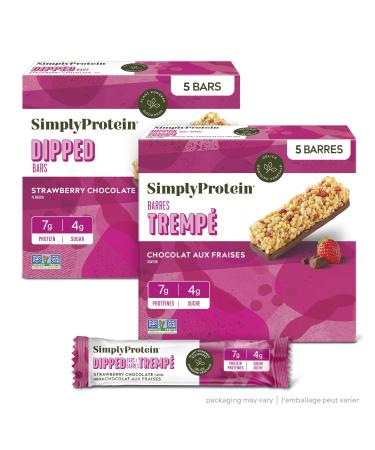 Simply Protein - Strawberry Chocolate Dipped Bars 5 Bars - Plant Based Protein Snack Bars Snacks for Kids - 7g Protein 4g Sugar 100 Calories - Vegan Gluten Free Non GMO Kosher - 1 Box Strawberry Chocolate 5 Count (Pack of 1)