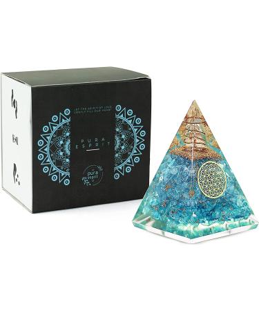 Inspirational Aquamarine Crystal Orgone Pyramid with Clear Quartz Crystals - Chakra Healing Stone for Courage and Stress Relief - Buy Online on GoSupps.com