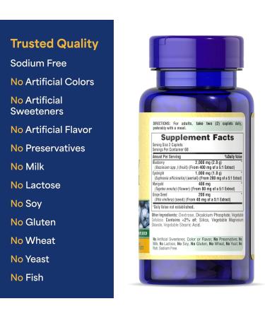 Puritan's Pride Premium Blueberry Eyebright Complex with Extracts of Marigold and Grapeseed Dietary Supplement for Antioxidant Health 120 Coated Caplets - Buy Online on GoSupps.com