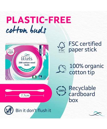 Lil-Lets Organic Cotton Wool Buds - 100% Pure Plastic Free Durable Paper Stems Dermatologically Tested - Pack of 200 - Buy Online on GoSupps.com