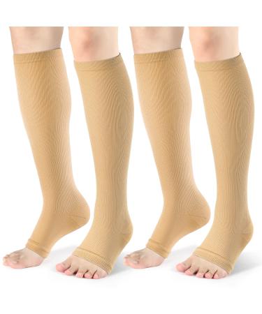 CERPITE Open Toe Compression Socks Women & Men-2 Pairs 15-20 mmHg Knee High Graduated Toeless Compression Socks (Large/X-Large, B - BEIGE) Large-X-Large B - Beige