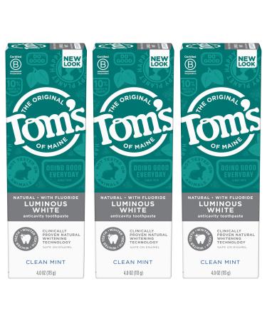 Tom's of Maine Natural Luminous White Toothpaste with Fluoride, Clean Mint, 4.0 oz. 3-Pack (Packaging May Vary) Mint 1 Count (Pack of 3)