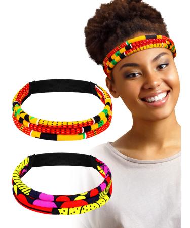 Hillban 2 Pcs African Headbands for Women Kente 3 Strand Headband Colorful African Print Headband Afrocentric African Hair Accessories Stretchy African Hair Band for Women and Girls (Retro Pattern)