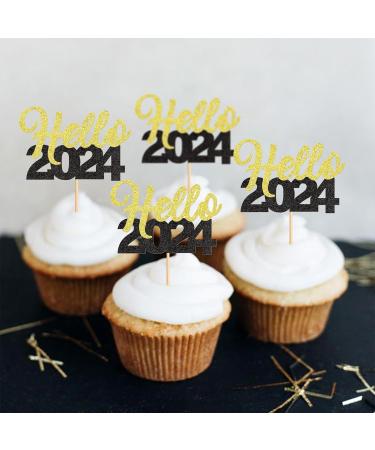 30 Pcs Glitter Happy New Year Cupcake Toppers 2024 Gold Black Cupcake topper Cheers to 2024 Cake Picks for New Years Eve Party Decoration (Hello) - Buy Online on GoSupps.com