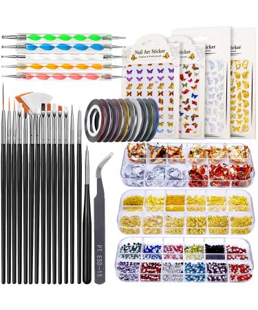 JOYJULY Nail Art Design Tools, 3D Nail Art Decorations Kit with Nail Art Brushes Dotting Tools Holographic Nail Art Stickers Nail Foil Tape Strips and Nails Art Rhinestones and Pick-Up Tweezers 28 Piece Set Black