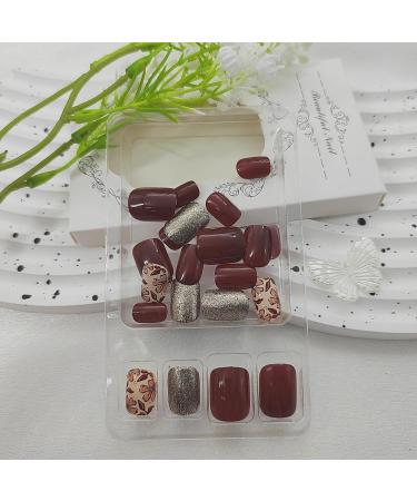 Fall Press On Nails - Short Glitter & Flower Designs - 24 Pcs Red Brown Acrylic - Glue-On Fake Nails for Women - Buy Online on GoSupps.com