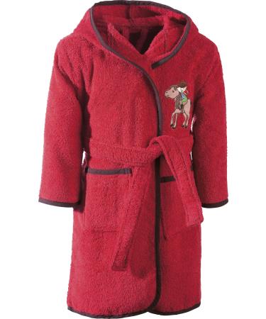 Erwin M ller Children's Bathrobe with hooded frottier red size 134/140-soft skin-friendly with bags and binding belt embroidery horse (other sizes) 134-140 red
