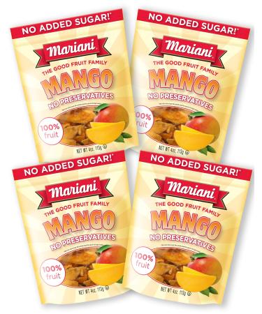 Mariani | Dried Mango | 4oz (Pack of 4) | Unsweetened & Unsulfured | Gluten-Free | No Preservatives | 100% Fruit | Resealable Bag