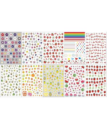 10 Sheets Cute Fruit Nail Art Stickers for Kids - Strawberry, Watermelon, Avocado, Cherry Decals - Self-Adhesive Nail Decoration Accessories - Buy Online on GoSupps.com