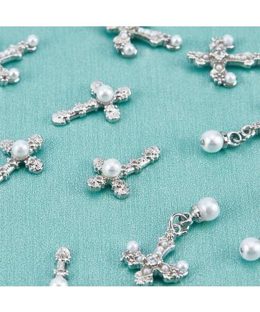 NICENEEDED 12Pcs Cross Nail Art Charms Kit - Antique Style Mixed Size Nail Rhinestones Set for Women - Silver 3D Big Nail Jewelry with Pearl - Buy Online on GoSupps.com