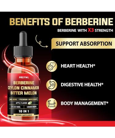 MILIVOL 10in1 Liquid Drops Berberine with Ceylon Cinnamon Bitter Melon Turmeric Ginger Gymnema Sylvestre and More - 2 Fl Oz - Buy Online on GoSupps.com