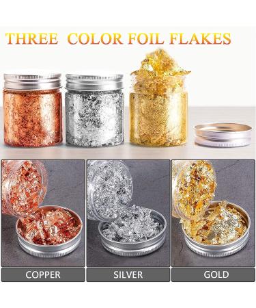 Gold Foil Flakes Set with Tweezers and Brush - 3 Bottles Metallic Leaf for Nail Art, Painting, Crafts, and Resin Jewelry Making (Gold, Silver, Copper - 3g) - Buy Online on GoSupps.com