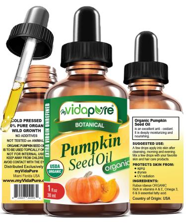 MYVIDAPURE Organic PUMPKIN SEED OIL Certified Organic WILD GROWTH RAW Pure EXTRA VIRGIN UNREFINED for Skin, Face, Body, Hair and Lip Care (1 Fl Oz) 1 Fl Oz (Pack of 1)