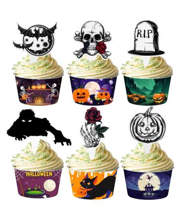 LEBERY 24Pcs Halloween Cupcake Toppers Halloween Cake Picks Tombstones Pumpkin Skull Bat Cupcake Food Picks Horror Halloween Cupcake Decorations Cake Topper for Halloween Theme Party Supplies