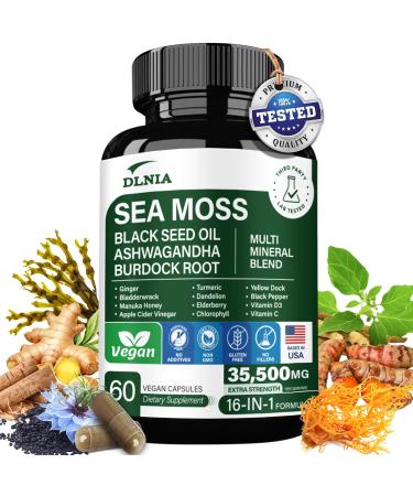 16-in-1 Organic Sea Moss Gel Alternative Capsules Superfood Blend with Ashwagandha, Black Seed Oil, Turmeric, Bladderwrack, Burdock, Elderberry, Manuka, Dandelion, Yellow Dock, Vitamin C & D3