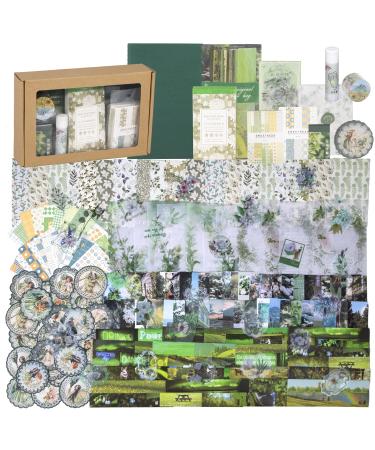 378pcs Scrapbook Kit Green Vintage Scrapbook Paper Aesthetic Scrapbook Stickers Floral Plant Sticker Craft Paper Scrapbooking Supplies Stationery A5 Notebook Tape Girls Women Bullet Junk Journal Kit Luxuriant Green