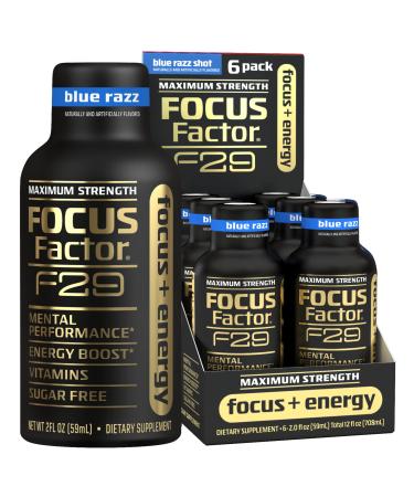 Focus Factor F29 Focus + Energy Shot- Maximum Strength, Pack of 6  Blue Razz Flavor  Sugar Free Energy Supplement, 5 Calories Per Shot - Nootropics Brain Support with Ginkgo Biloba, Bacopa Monnieri