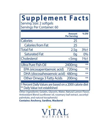 Ultra Pure Fish Oil 700mg with Lemon - 120 Softgel Capsules | Vital Nutrients - Buy Online on GoSupps.com