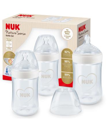 NUK Nature Sense Baby Bottles | 0-6 Months | 260 ml | Breast-Like Silicone Teat with Anti Colic Vent | Temperature Control | BPA-Free | Grey & White | 3 Count White 3 Count (Pack of 1)