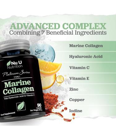 Marine Collagen with Hyaluronic Acid Vitamin C - 90 Hydrolyzed Capsules (not Tablets) - Premium High Strength Collagen Supplements for Women & Men - Type 1 Marine Collagen - Nu U Nutrition - Buy Online on GoSupps.com