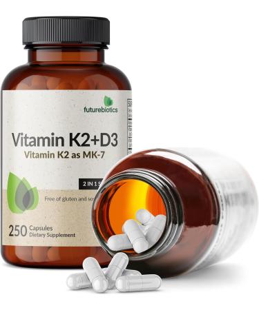Futurebiotics Vitamin K2 (MK7) with D3 Supplement - Non-GMO Formula - 5000 IU Vitamin D3 & 90 mcg Vitamin K2 MK-7 250 Vegetarian Capsules 250 Count (Pack of 1) - Buy Online on GoSupps.com