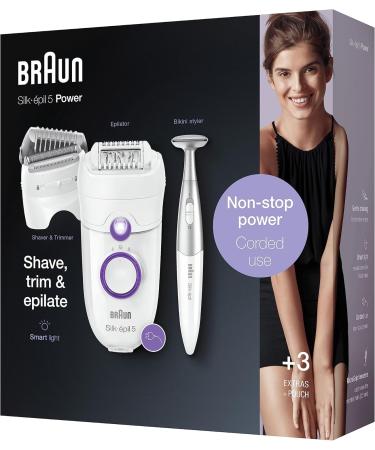Braun Silk- pil 5 Power Epilator For Hair Removal with Electric Shaver Head & Bikini Trimmer Corded Epilator with 28 Tweezers Gifts for Women 5-825 White/Purple SE 5-825 - Buy Online on GoSupps.com