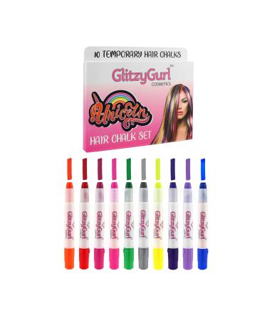 Premium Neon Hair Chalk Set by GlitzyGurl 10 x Kind Temporary Non-Toxic Easy Washable Hair Dye Colourful Hair Chalks Set for Girls