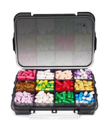 Fullicon Daily Travel Moisture Proof Pill Case with 12 Extra Large Compartment Pill Organizer with 3 Secured Buckles Large Supplement Box for Vitamin with Removable Dividers (Black)