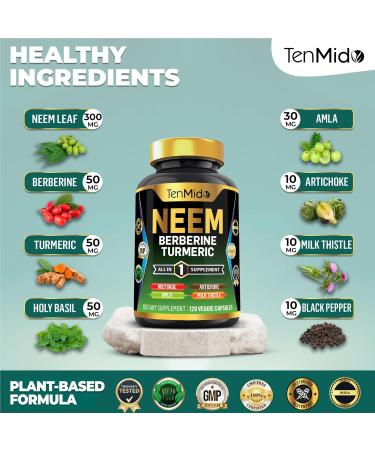 Tenmido Neem Leaf Supplement - 8in1 Formula - Combine with Berberine Turmeric Holy Basil Amla Artichoke Milk Thistle and Black Pepper - Immune Support - 120 Capsules for 4 Months Supply - Buy Online on GoSupps.com