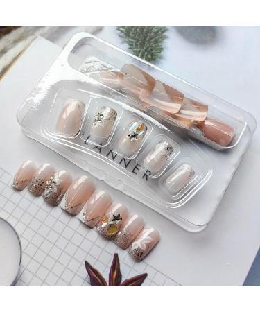 V French Tips Short Square Press-On Nails | Flower Acrylic Fake Nails with Rhinestones & Glitter | Glossy Nude Glue-On Nail Art for Daily Wear - Buy Online on GoSupps.com