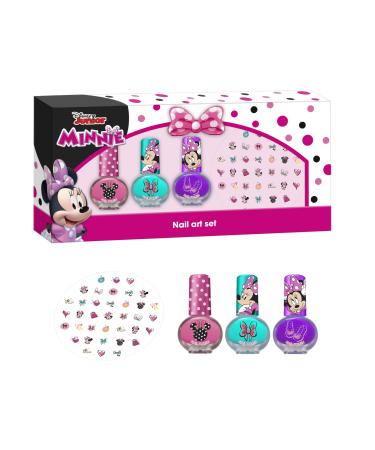 Minnie Mouse Nail Art Set for Girls - Complete Nail Decoration Kit with 3 Nail Polishes (Pink Purple Sky Blue) Nail Stickers - Best Gift for Kids Aged 3+