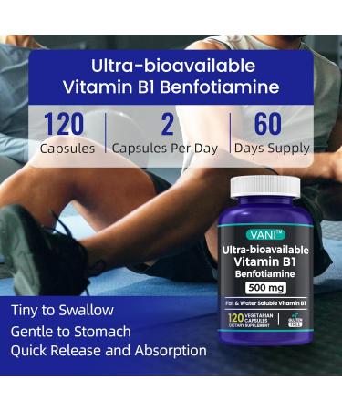 VANI 500MG Benfotiamine with B1, 5X Time Fat & Water Soluble Thiamine B1 Supplement Third Party Tested, No Gluten (120 Capsules) - Buy Online on GoSupps.com