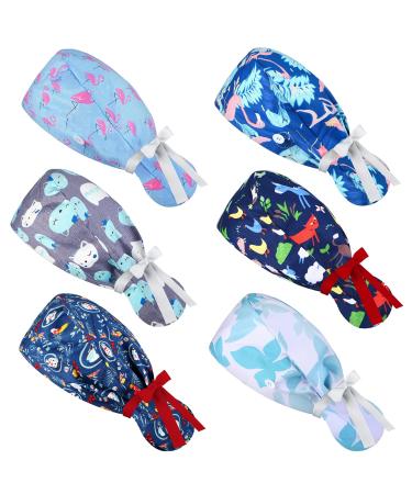 6 Pieces Adjustable Bouffant Hats Sweatband Bouffant Turban with Buttons and Ribbon Print Head Tie Covers Charming Style