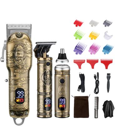 Hair Clippers for Men Professional Cordless Barber Trimmer Set ,T-Blade/Nose Hair/Beard Trimmer Set, USB Rechargeable Hair Cutting Grooming Kit - LCD Display Bronze