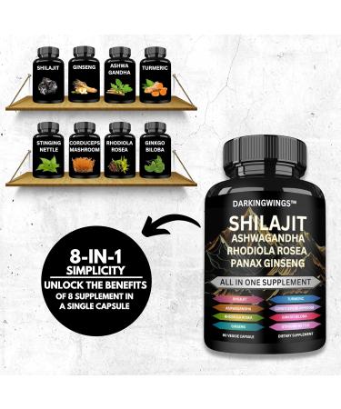 8-in-1 Shilajit 9000 Panax Ginseng 1500MG Ashwagandha 2000MG Rhodiola Rosea 1000MG Turmeric 500MG Gingko Biloba 500mg Stinging Nettle 250MG Cordyceps Mushroom 500 MG for Full Body Power - Buy Online on GoSupps.com