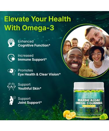 Marine Algae Omega 3 Gummies with 3400mg+ | DHA/EPA/ALA 20:1 Grape Seed Extract Vitamin C & Folate | Heart Brain & Skin | Plant-Based Sugar-Free 60 Ct - Buy Online on GoSupps.com